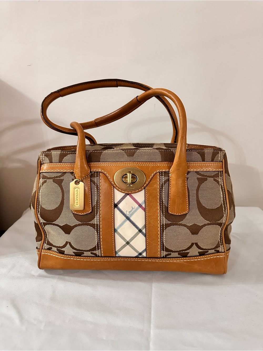 Coach Brown Signature Satchel with Tan Leather Trim and Plaid Accent